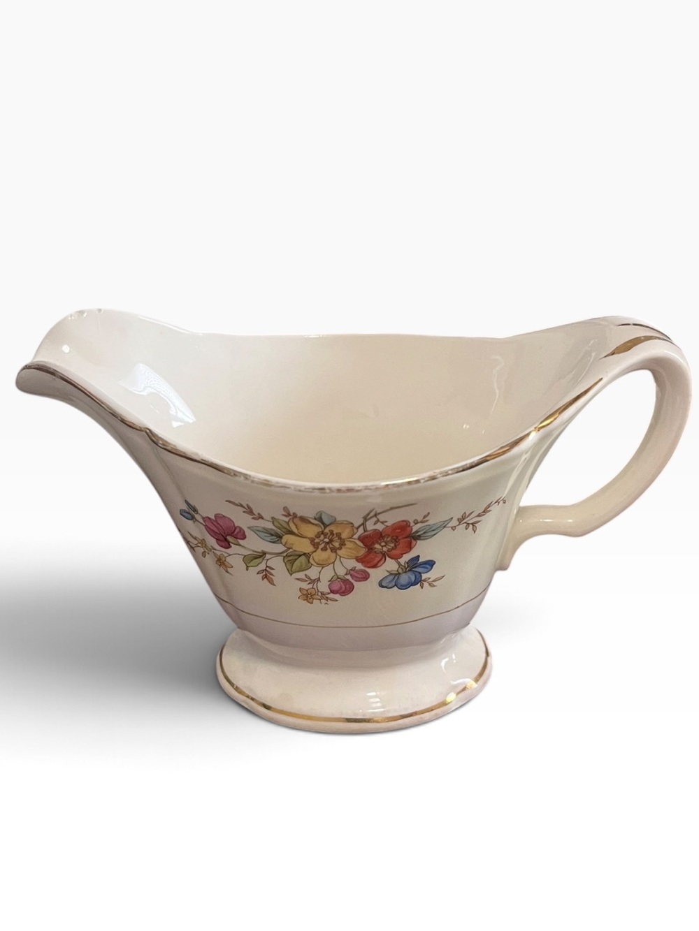 Vintage Edwin M Knowles Style Floral Gravy Boat Creamer Gold Trim China